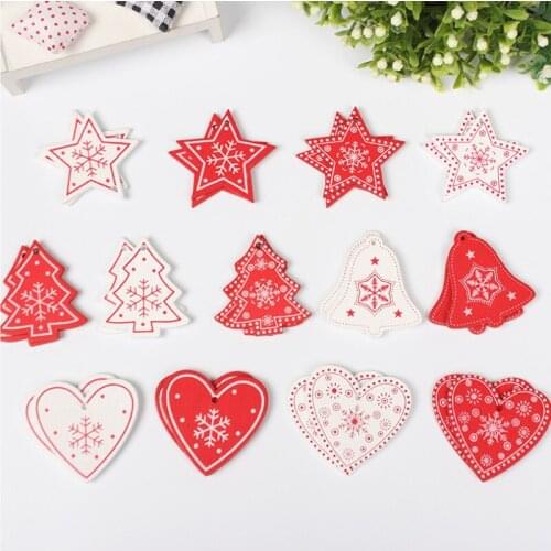 10pcs DIY Tree/Heart/Star/Bell/Snow Wooden Hanging Pendants White Red Color Wood Charms for Christmas Party Xmas Tree Ornaments