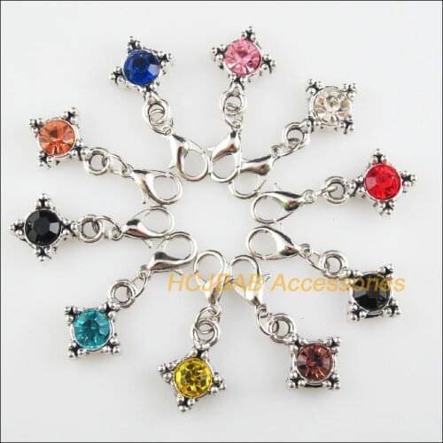 10Pcs Tibetan Silver Tone Cross Retro Mixed Round Crystal 13x17mm With Lobster Claw Clasps Charms