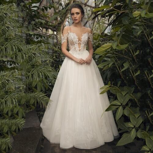 2020 Thinyfull Elegant Sheer Scoop Neck Wedding Dresses Tulle Off The Shoulder Bride Dresses Lace Appliques A Line Bridal Gown