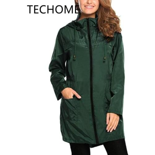 TECHOME 2020 Ladies Plain Rain Jacket Outdoor Coat with Pockets Waterproof Hooded Raincoat Windproof Rain Coat Plus Size