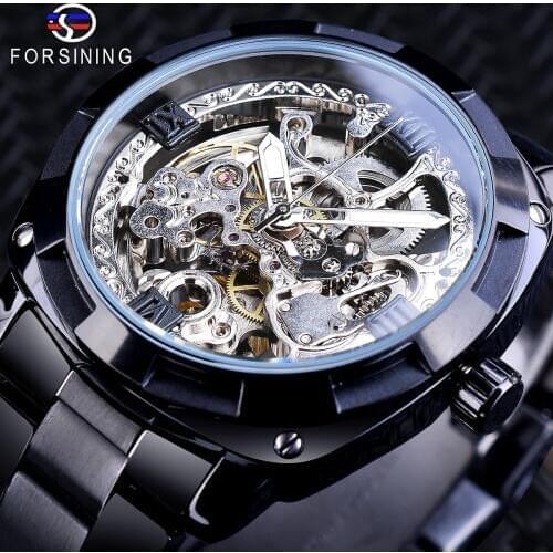 Forsining Black Transparent Mechanical Mens Watch Automatic Skeleton Gear Stainless Steel Strap Business Watches Relojes Hombre