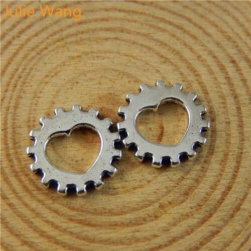 JulieWang 50PCS Hollow Heart Steampunk Gear Alloy Charm Antique Silver Color For Jewelry Making Decoration Finding Accessory