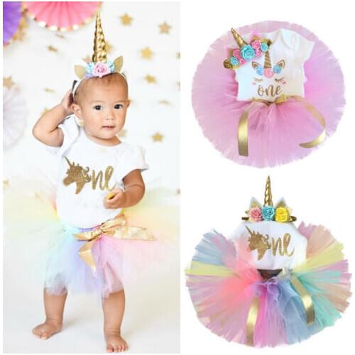 New 0-24M Baby Girls Cartoon Short Sleeves Romper + Tulle Tutu Skirt + Head Band Unicorn Newborn 3PCS Outfits Set