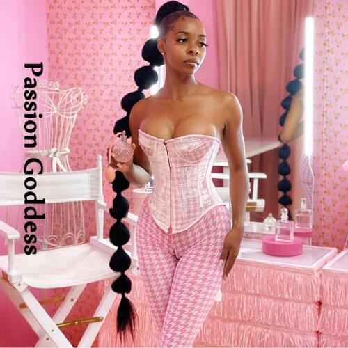 2 Piece Cute Pink Houndstooth Party Sets Women Button Corset Tube Tops High Waist Pants Leggings Suits Two Piece Slim Outfits