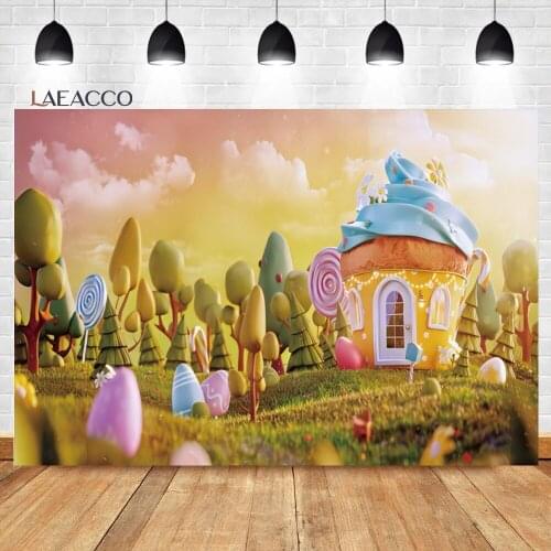Laeacco Candy Land Photography Backdrops Cartoon Ice Cream Cake House Baby Birthday Party Customized Portrait Photo Backgrounds
