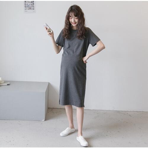 Summer New Dress Expectant Mother Maternity Short Sleeve Solid Color Loose Dresses Pregnancy Round Neck Pregnant Women Clothes