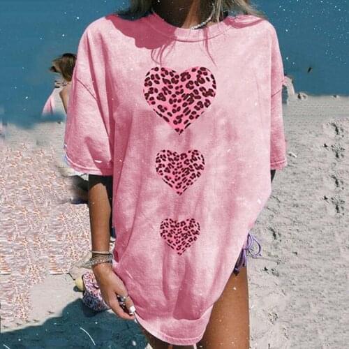 Cute Pink Leapard Heart Print Tee Shirt Oversize Femme 2021 Summer Casual Loose T Shirt Women Sweet Plus Size Tops T-shirts