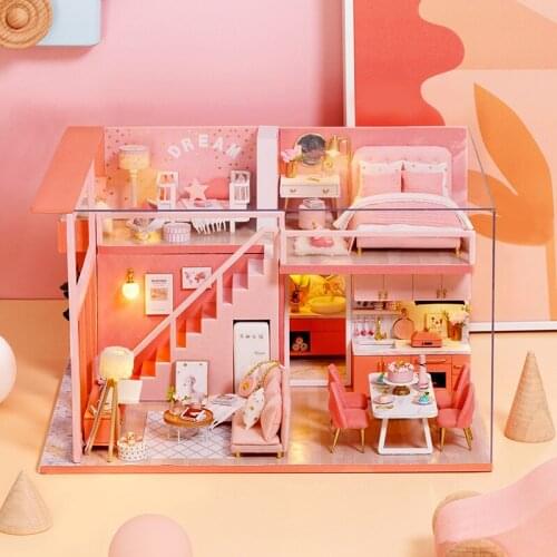 Pink DIY Wooden Dollhouse Princess Loft Apartment Kit Assembled Miniature Doll House With LED Light Toys Birthday Gift for Kids