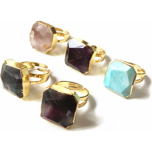 FUWO Fashion Design Amethysts Fluorite Turquoises Pink Quartz Ring With Gold Trimmed Raw Stone Ring Gift For Women RG252