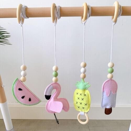 Cartoon Felt Wooden Beads Ornaments Baby Rattle Stroller Hanging Pendant Infant Activity Play Gym Toy Accessories Nursery Decor