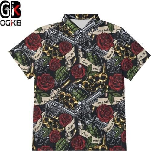 OGKB EU Size 3D Printed Gun And Red Rose Button Shirts Mens Summer Quality Shirts Short Sleeve Hip Hop Harajuku Top Drop Ship
