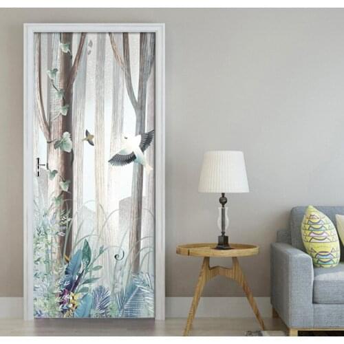 DIY Door Sticker Vintage Flowers Bird Photo Wallpaper PVC Waterproof Self-adhesive Poster Living Room Bedroom Door Decor Mural