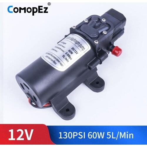 Durable DC 12V 60W 130PSI 5L / Min Electric Mini Water Pump High Pressure Diaphragm Water Sprayer Car Wash Camping Boat