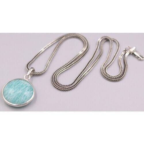 Real Silver 925 Pendant Round Amazonite For Women Female Girl Wheat Chain Gift
