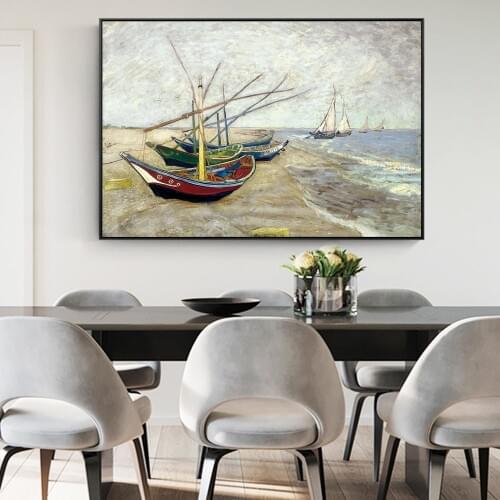 Fishing Boats on Beach By Van Gogh Canvas Paintings Reproductions on The Wall Seascape Posters Print for Living Room Decor