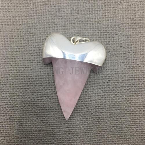 MY0306 Pink Crystal Shark Tooth Shape Pendant,Rose Color Stone Pendant with Silver Color Cap and Bail