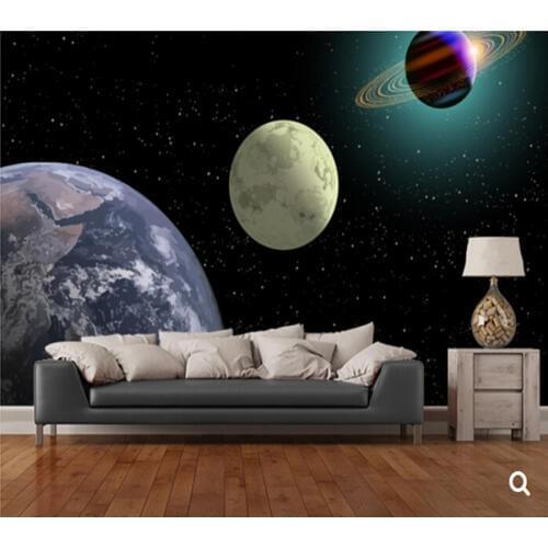 Custom children wallpaper,Earth Moon And Saturn With A New Sun,3D cartoon wallpaper for childrens room ceiling PVC wallpaper