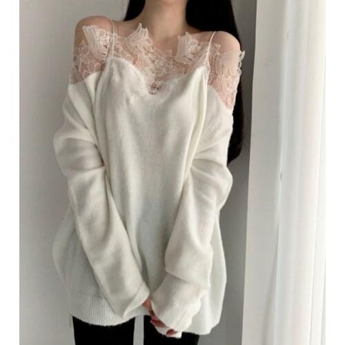 Lace up hollow out simple solid sweater strapless all-match basic knitted sweater temperament solid sweater 2021 new spring tops
