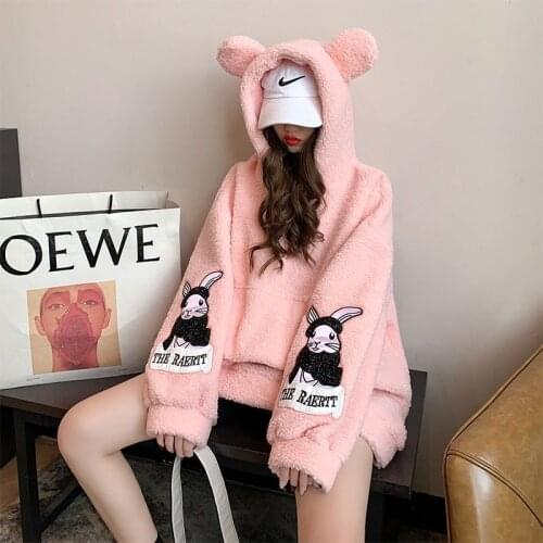 Cute Pink Hoodie Women Funny Oversized Korean Female Sweatshirt Funny High Street Rabbit Hoodie Streetwear Autumn Tops Women