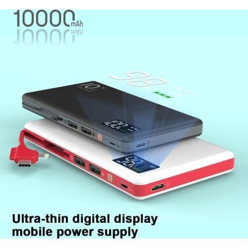10000mAh Ultral-thin Digital Display Power Bank 3-in-1 Lightining Micro USB Type-C Charging Cable Power Bank for iPhone Android