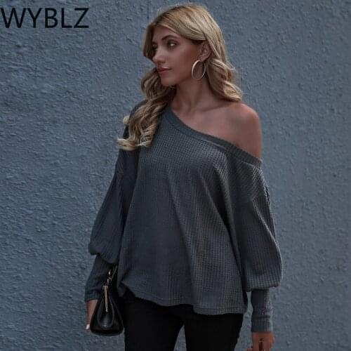 WYBLZ Sexy Raglan Sleeve Skew Collar Sweater Solid Color Plus Size Long Sleeve Casual Off Shoulder Top