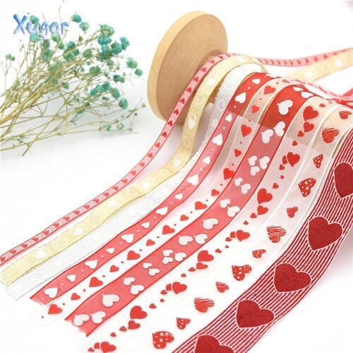 Xugar Organza Ribbon Cute Heart Printed Christmas Ribbons for Handmade DIY Gift wrapping decoration wholesale 10meters/lot