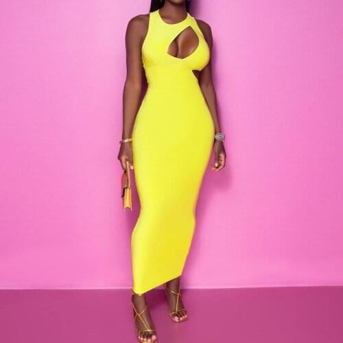 Y2K Bright Yellow Ladies O Neck Sleeveless Hollow Out Elegant Casual Celebrity Party Dresses Sexy Night Club Backless Long Dress