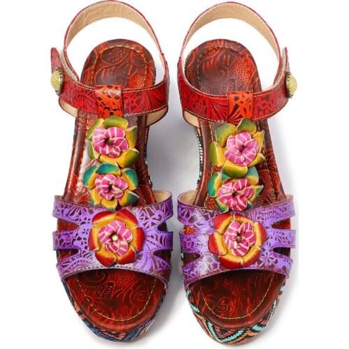 Vintage Splicing Genuine Leather Printed Women sandals For Women Shoes Buckle Strap Open Toed 5CM Wedges High Heels Flower
