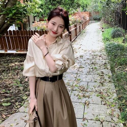 Fashion Women Elegant Two Piece Sets Vintage Autumn Temperament Solid Shirt Blouse + A Line Long Big Swinging Skirts Suit