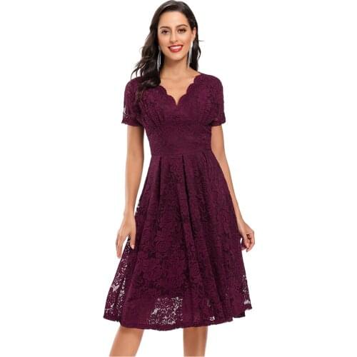 Women Formal Lace Dress Wine Red Vintage V-neck Wedding Party Dresses A-line Knee Length Summer Short Sleeve Vestido New