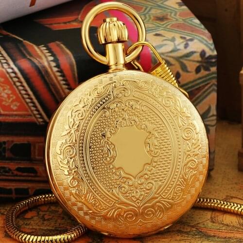 Gold Shield Engraved Pattern Pocket Watch Automatic Mechanical Arabic Numeral Self Winding Clock Luminous Pointers Dial Pendant