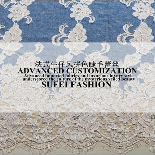 150*150cm delicated eyelash denim blue cotton polyester lace dress clothes blouse fabric S220