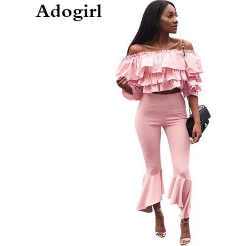 Adogirl Pink Color 2 Piece Set Women Off Shoulder Cascading Ruffles Blouses Shirt Flare Pant Plus Size XXL Vintage Tracksuit
