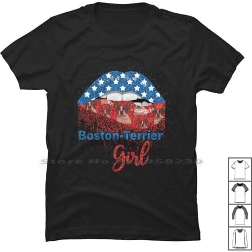 Boston Terrier Girl Pretty American Flag Sexy Biting Lip 4th Of July U T Shirt 100% Cotton United States American Terrier