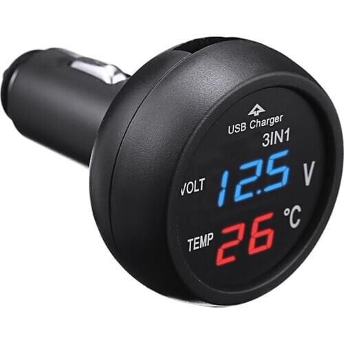 Mayitr 1pc 12V/24V Digital Meter Monitor 3 in 1 LED USB Car Charger Voltmeter Thermometer With LCD Digital Dual Display