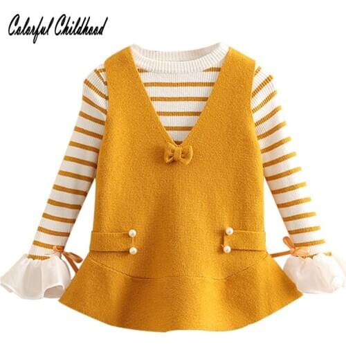 Kids Sets For Girls Autumn Ruffled Long Sleeve Stripe Blouses+Vest Dress Christmas Toddler Clothing Set Children Girl Clothes