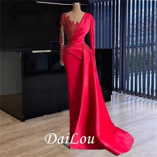 Elegant Red Dubai Evening Dress for Women Wedding Party Gowns Long Sleeve V-Neck Beaded Overskirt Formal Prom Dresses 2021