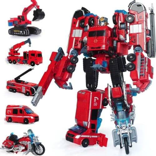5 in 1 Transformation Toy Boy 35CM Alloy Robot Car Action Figure Fire Rescue Crane Motorcycle Excavator Truck Kid Toy