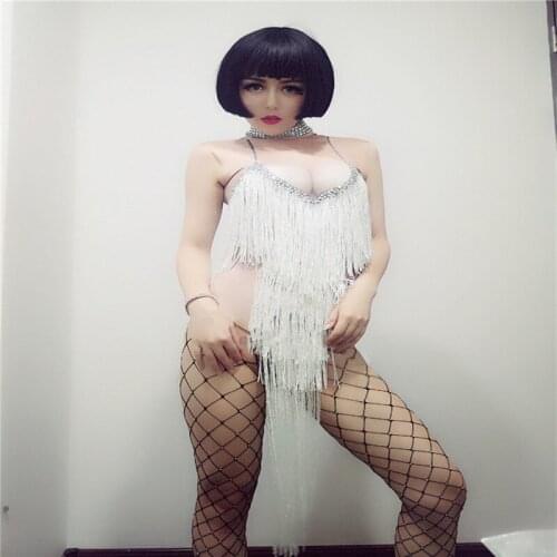 K89 Rhinestone white tassel elastic bodysuit stage show models wears jumpsuit performance bar dress outfits dance costumes dj ds