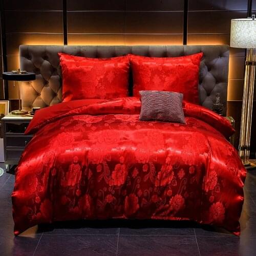 Classic luxury jacquard soft satin silky bedding down cover pillowcase set with zipper seal, red, medium size double bed