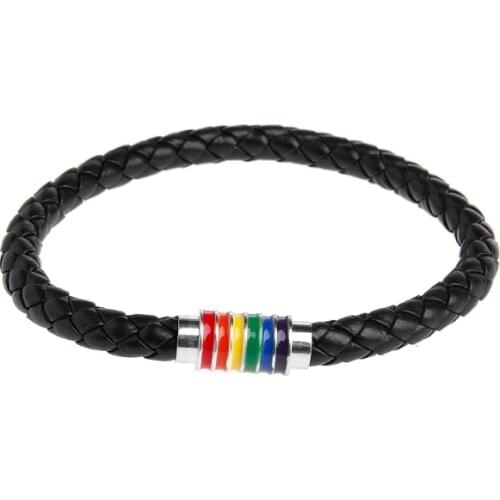 Leather Braided Lovers Pride Rainbow Bracelets Titanium Magnetic Gay Les Jewelry