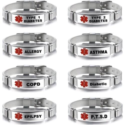 Medical Allergy Bangle Bracelet Type 2 Diabetic Stainless Steel Medical Logo Wristband Cool Men Women Jewelry