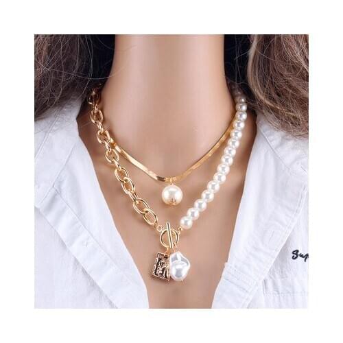 Fashion Dress Multilayer Pearl Geometric Pendant Necklace For Women Gold Metal Snake Chain Necklace New Design Jewelry Gift