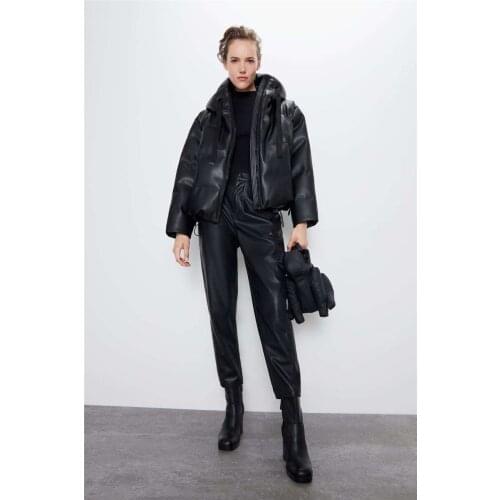 Fashion Simple Faux Leather Thick Coat Women Winter New Casual Solid Color Wild Hooded Ladies Parka Outwear Kurtka Damska