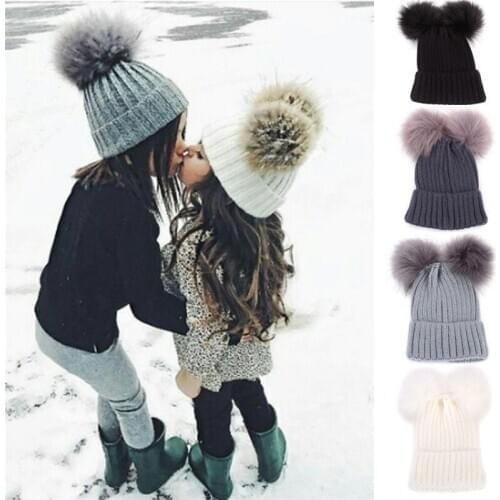 Autumn Winter Baby Boys Girls Faux Fur Pompom Hat Female Warm Cap Knitted Beanie Girl Double Ball Pom Pom Hats Kids Bonnet Femme