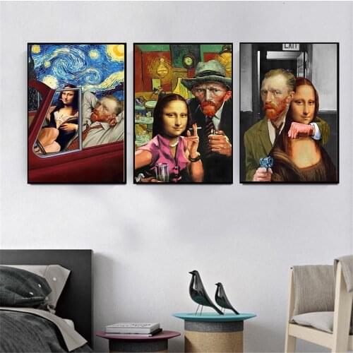 Funny Spoof Mona Lisa Van Gogh Portrait Smoking Posters And Prints Wall Art Canvas Paintings Pictures Living Room Home Decor