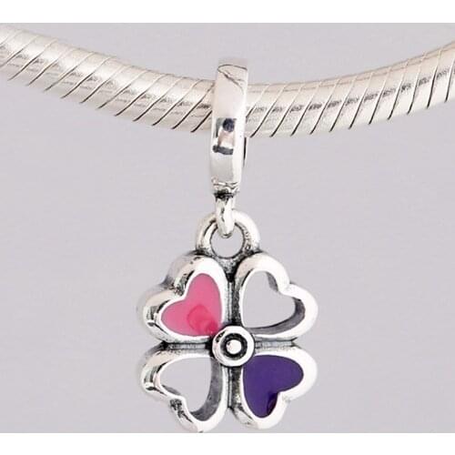 S925 Silver Bead Charm Enamel Love Heart Petals Clover Flower Pendant Beads for Women Bracelet & Bangle DIY Jewelry