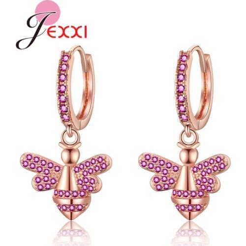 Promotion Sale 8 Colors Crystal Earrings Fabulous Little Bee Silver/Rose Gold Color Bling Leverback Huggie Pendientes Gift