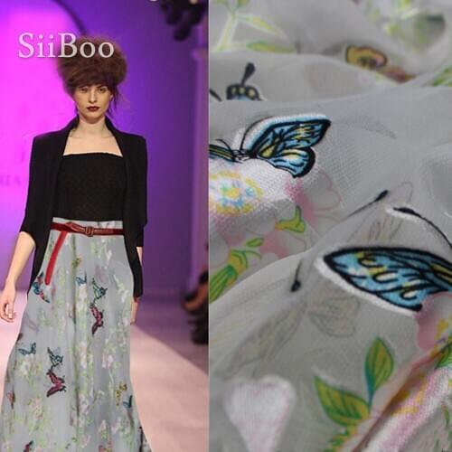 American style black white butterfly floral burnout brocade silk fabric for dress silk tissue tela for sewing Free ship SP4256