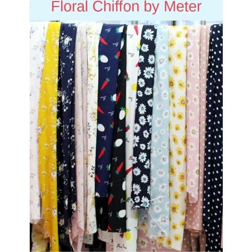 Floral Printed Chiffon Fabric By The Meter Per for Dress Clothing Skirt Curtain Diy Sewing Daisy Flower Summer Cloth Black Blue